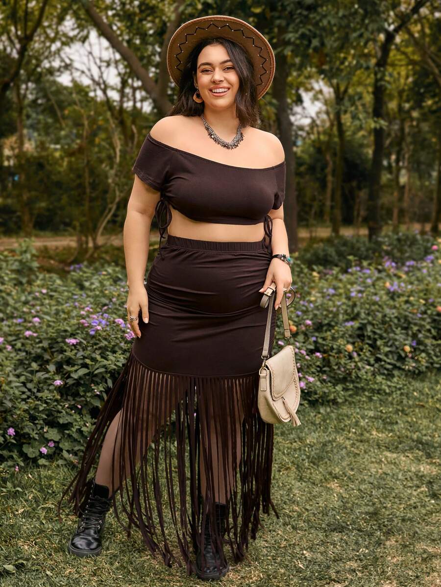 Dreamara Sommer Urlaubsstil, Off-Shoulder Kurzarm Crop Top und Midi Rock mit gefranstem Saum und Patchwork Zweiteiler Set für Damen, Große Größen