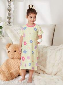 年輕少女可愛的方格紋短袖睡衣連花印圓領設計 - 黃色 - 查看 5