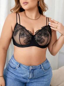 Plus Size Elegant Mesh Embroidery Underwire Design Bra (1pc) Lingerie
