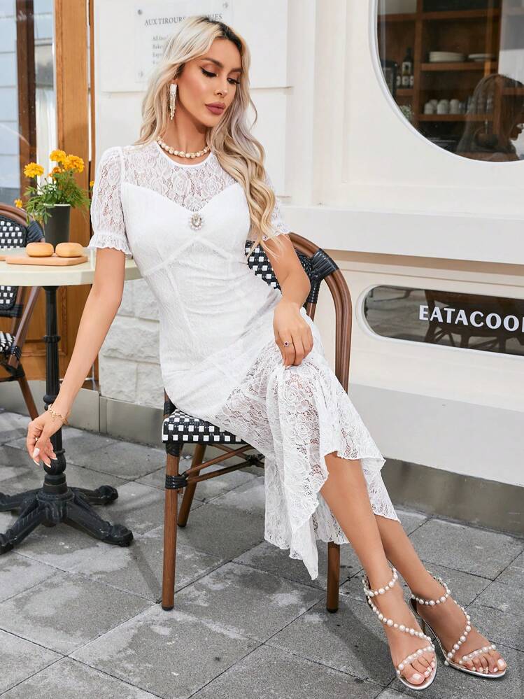 GENKIRA French Elegant Style Lace Perspective Short Sleeve Women