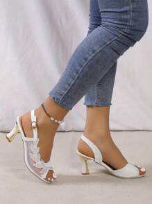 女士夏季水钻细节扣带闪亮露趾高跟凉鞋