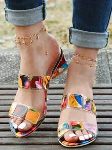 Women's Floral Open Toe High Heel Slippers - Multicolor - View 6