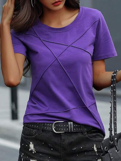 SHEIN LUNE Camiseta Casual Para Mujer De Verano Con Cuello Redondo, Manga Corta Y Diseño De División