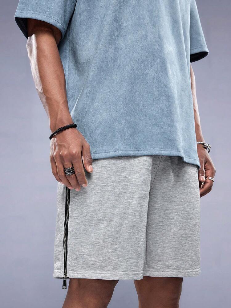 Manfinity VCAY Shorts Rectos Casuales De Punto Para Hombres Con Cierre De Cremallera Simple Y Estilo De Verano - Gris Claro - Añade 5