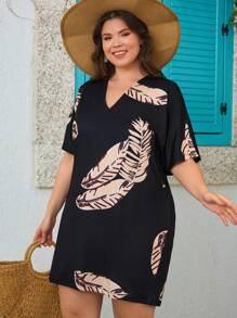 RueChic Plus Size Women's Summer Tropical Plant Printed Straight Dress For Vacation - Multicolor - View 5