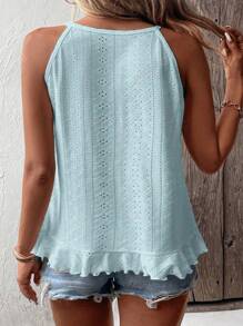 SHEIN LUNE Plus Size Women's Summer Floral Burnout Embroidery Patchwork Halter Neck Ruffle Hem Tank Top - Blue - View 2