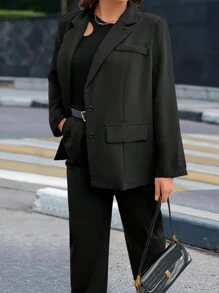 Calvaya 大尺碼翻領長袖西裝外套 - 黑色 - 查看 1