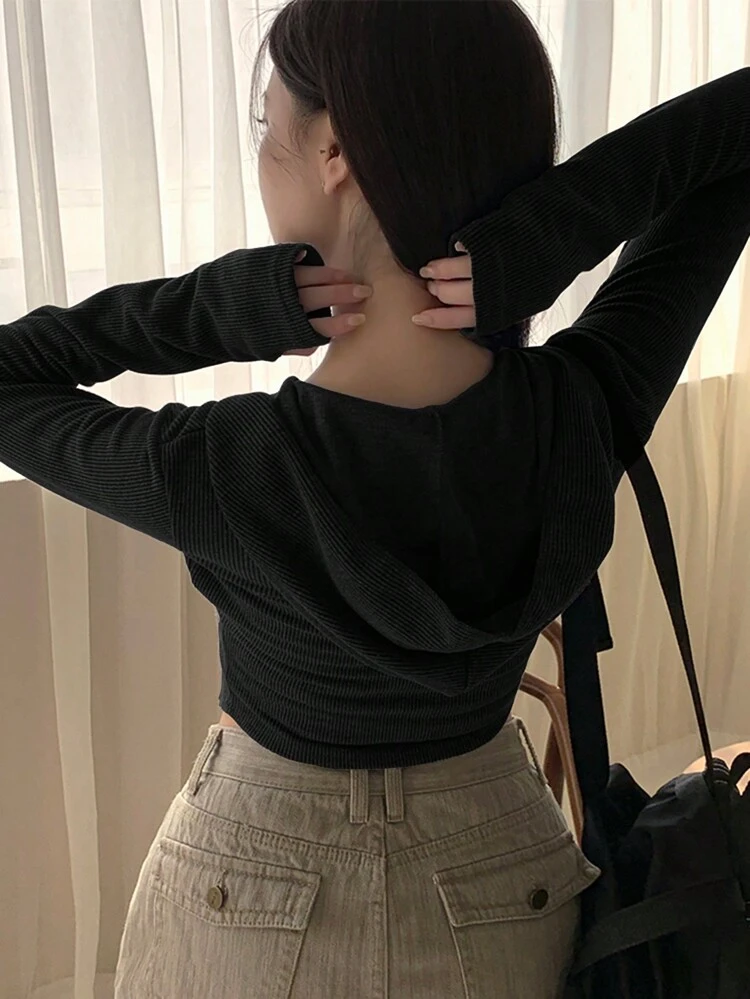 Women's Open Front Short Tight Hooded T-Shirt, Suitable For Spring And Summer Long Sleeve Women Tops Crop Women Tops