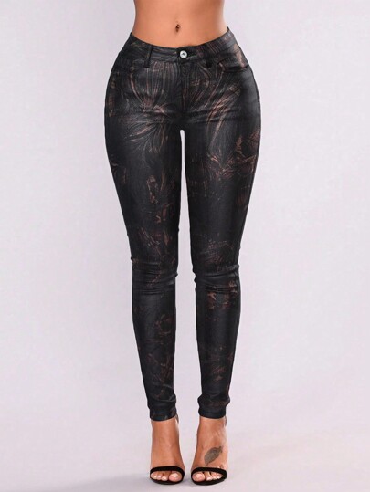 Apperloth A Vintage High Waist Sparkling Print Stretchy Skinny Pants Daily Comfy Tapered Trousers Punk Sexy Music Festival Black