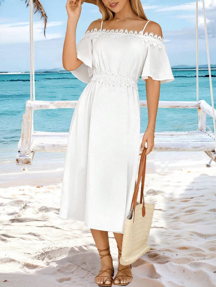 Vacation Lace Trim Scoop Shoulder Wedding Women Dresses
