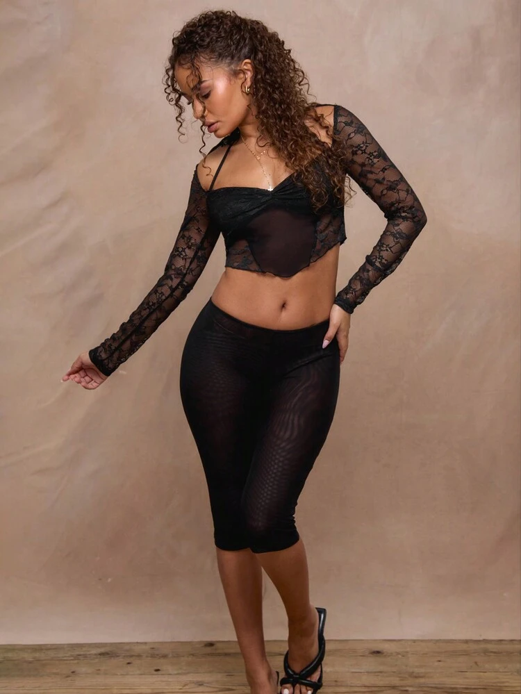 Long Sleeved Halter Neck Lace Corset TopSpring Vacation Summer Holiday