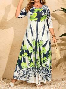 Seusyu Plus Size Women's Clover Print Round Neck Arab Dress - Multicolor - View 6
