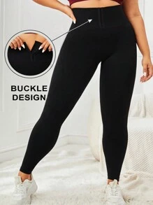 Easithlete 大碼素色寬腰帶運動打底褲 - 黑色 - 查看 3