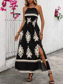 SHEIN Holidaya Đầm cổ yếm in họa tiết đen trắng thời trang dành cho nữ (In ngẫu nhiên) Trang phục đi biển dài ngày - màu đen - Xem 6