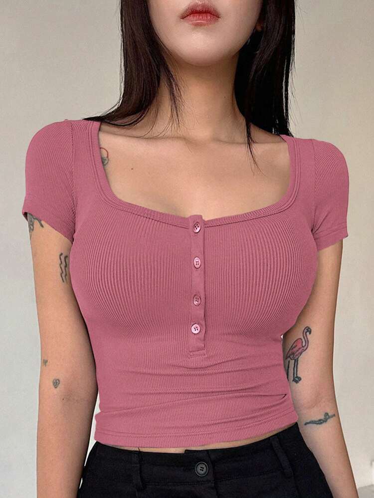 Women's Summer Solid Color Half Placket Slim Fit Cropped T-Shirt Cute Tops