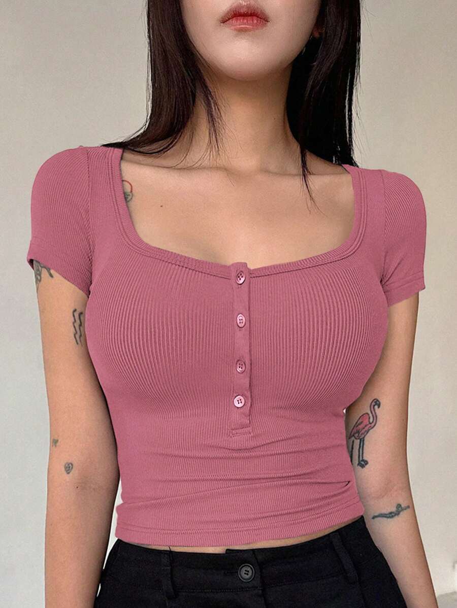 DAZY Women's Summer Solid Color Half Placket Slim Fit Cropped T-Shirt Cute Tops - Hot Pink - View 1
