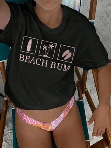 SHEIN EZwear 女士夏季棕櫚樹和字母印花圓領短袖休閒t卹 - 黑色 - 查看 2