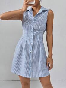 SHEIN Essnce 女式夏季休閒無袖鈕扣前衫裙 - 藍白色 - 查看 5