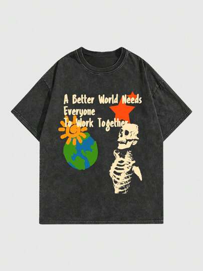 Street Life Kurzärmliges Herren T-Shirt Mit Totenkopf- Und Buchstabe Muster, Geeignet Für Den Täglichen Gebrauch Im Frühling Und Sommer