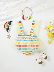Baby Girl's Striped Cartoon Caterpillar Printed Bodysuit With Mesh Ruffle Trimmed Straps, Spring/Summer - Multicolor - View 2