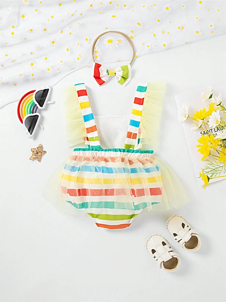 Baby Girl's Striped Cartoon Caterpillar Printed Bodysuit With Mesh Ruffle Trimmed Straps, Spring/Summer