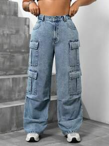 SHEIN ICON 大码女式高腰阔腿男友风牛仔裤，带口袋 - 藍色 - 查看 1