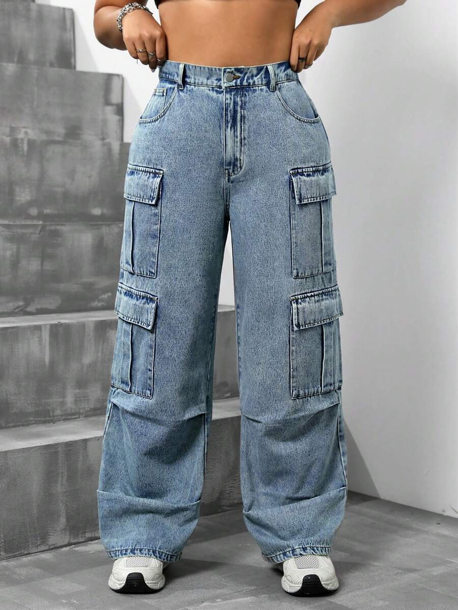 SHEIN ICON 大码女式高腰阔腿男友风牛仔裤，带口袋 - 藍色 - 查看 1