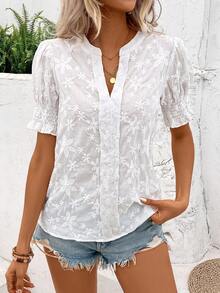 SHEIN LUNE Của phụ nữ Thêu hoa Cổ áo có khía Ngắn tay Áo sơ mi - trắng - Xem 4