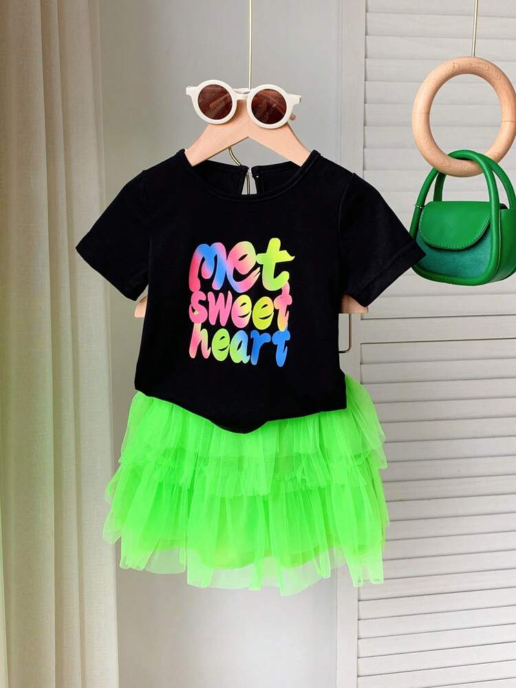 2pcs/Set Baby Girl Casual Street Style Sporty Fun Colored Letter Print T-Shirt And Fluorescent Mesh Skirt Set, Spring And Summer Outfits