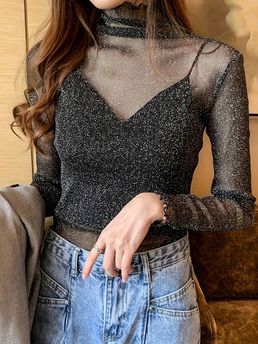 Gợi cảm Tay áo dài Lưới Áo Với Cao Đường viền cổ áo Đối với Đúng mốt Các bữa tiệc - màu đen - Xem 1