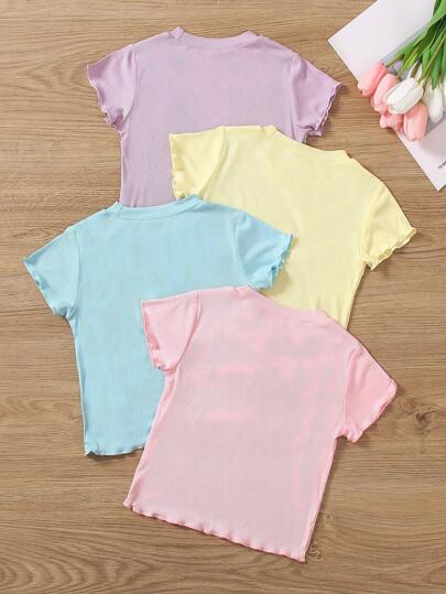 Elladie kids 4pcs Summer Solid Color Round Neck Short Sleeve Casual T-Shirt For Young Girls, School, Campus, College