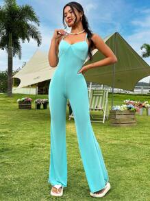 SHEIN Unity Của phụ nữ Màu thuần Dây đeo Áo liền quần ngắn - Màu xanh lam - Xem 4