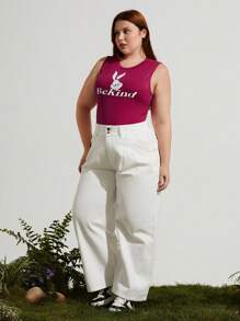 SHEIN Earth Day Fanverse Picks Plus Cartoon And Slogan Graphic Tight Sleeveless Tank Top - Hot Pink - View 4