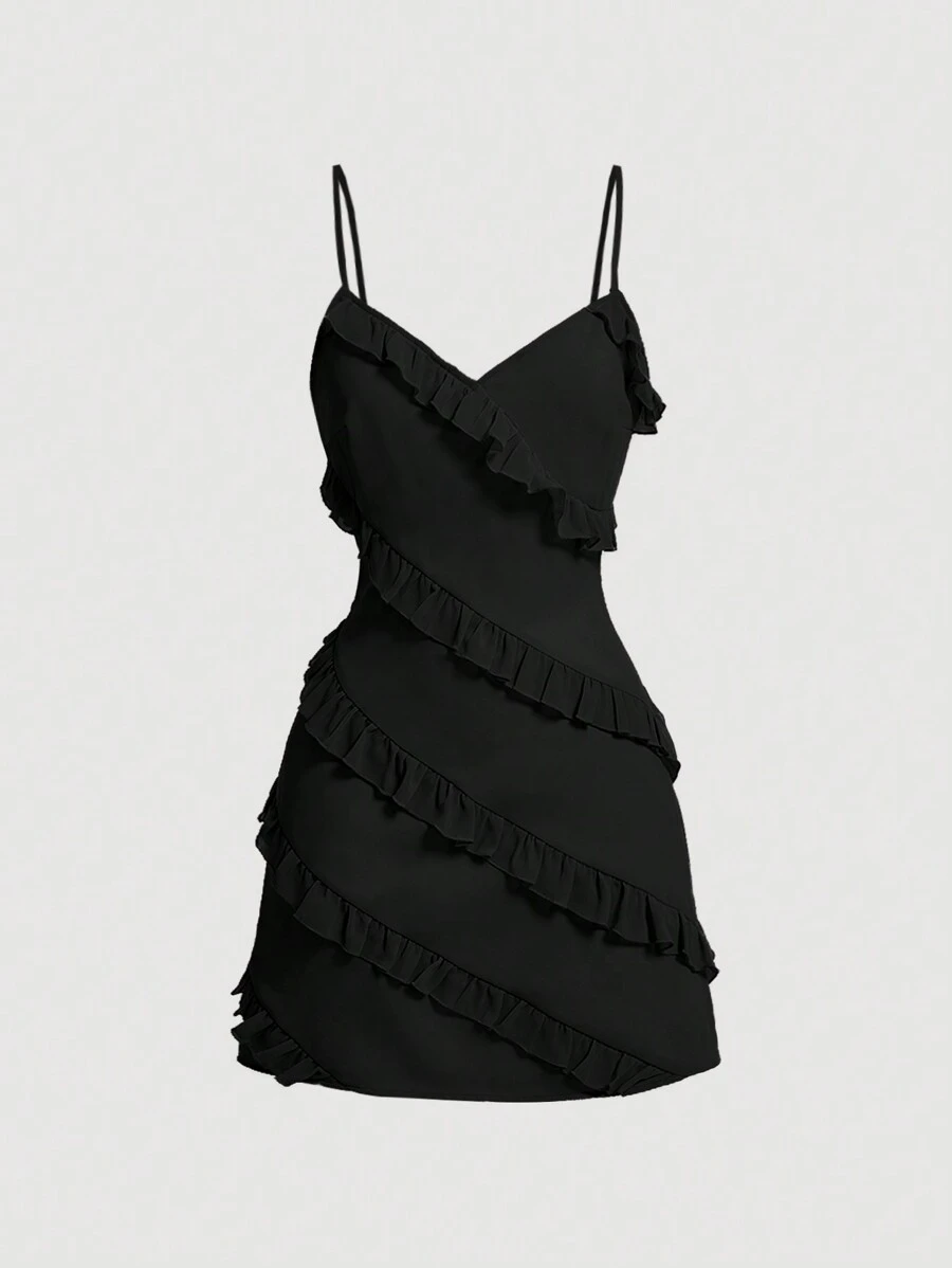 SHEIN MOD Summer Ruffle Hem Women's Cami Dress - Black - View 1