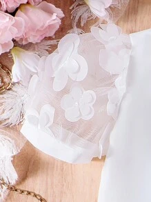 SHEIN طقم بأكمام وتنورة مكشوفة بطابع عتيق وربطة عنق مزينة بزهور لفتاة صغيرة بأسلوب جذاب وبسيط - وردي - مشاهدة 6