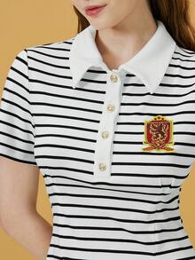 HARRY POTTER X SHEIN Huy hiệu Đã vá In sọc Placket nửa nút Đầm - Đen và trắng - Xem 5