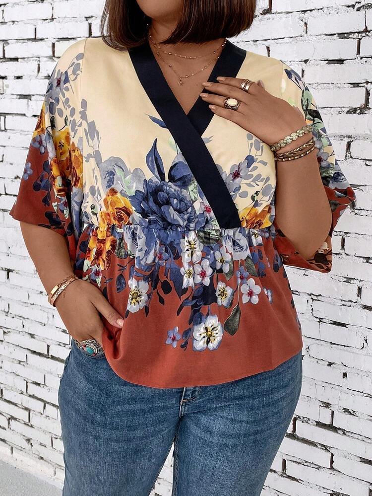 Plus Size Wrap Neck Floral Printed Blouse Peplum Top