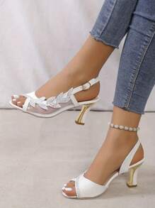 女士夏季水钻细节扣带闪亮露趾高跟凉鞋