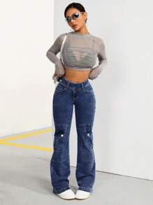 SHEIN ICON Jeans Acampanados De Carga Casuales Con Bolsillo De Solapa Para Verano - Azul lavado oscuro - Ver 5