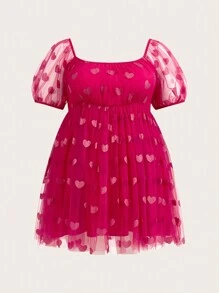 SHEIN CURVE+ 加大號愛心網袖泡泡袖連衣裙 - 玫紅色 - 查看 1