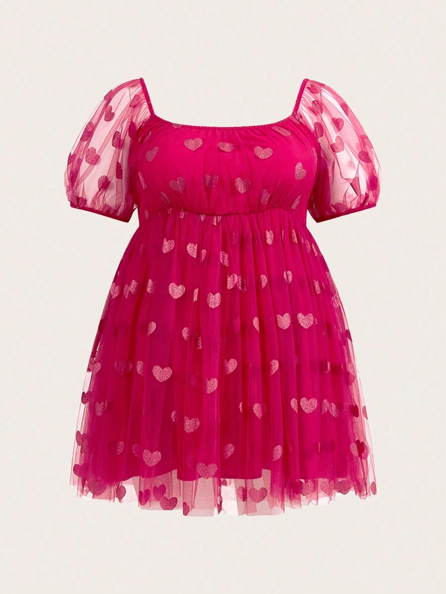 SHEIN CURVE+ 加大號愛心網袖泡泡袖連衣裙 - 玫紅色 - 查看 1