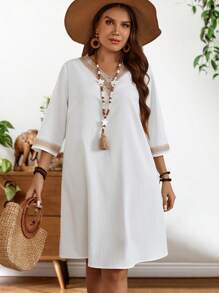 EMERY ROSE Vestido Recto Blanco Con Encaje Y Parches De Estilo Veraniego Para Mujeres De Talla Grande En Vacaciones