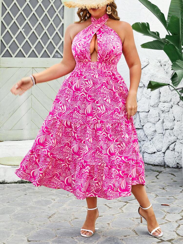 Plus Size Women's Tropical Plant Printed Halter Neck Hollow Out Cross Waist Mini Dress