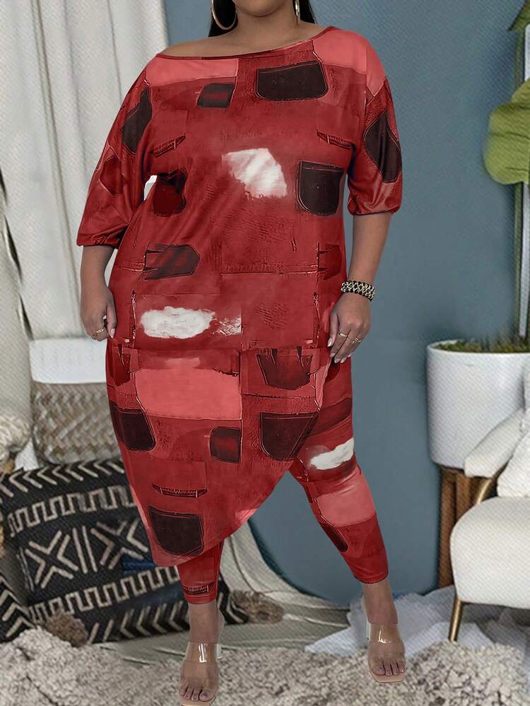 Plus Size Women's Brush Printed Two Pieces Set With Asymmetric Hem Three Quarter Sleeve Top And Pants For Casual Wear
