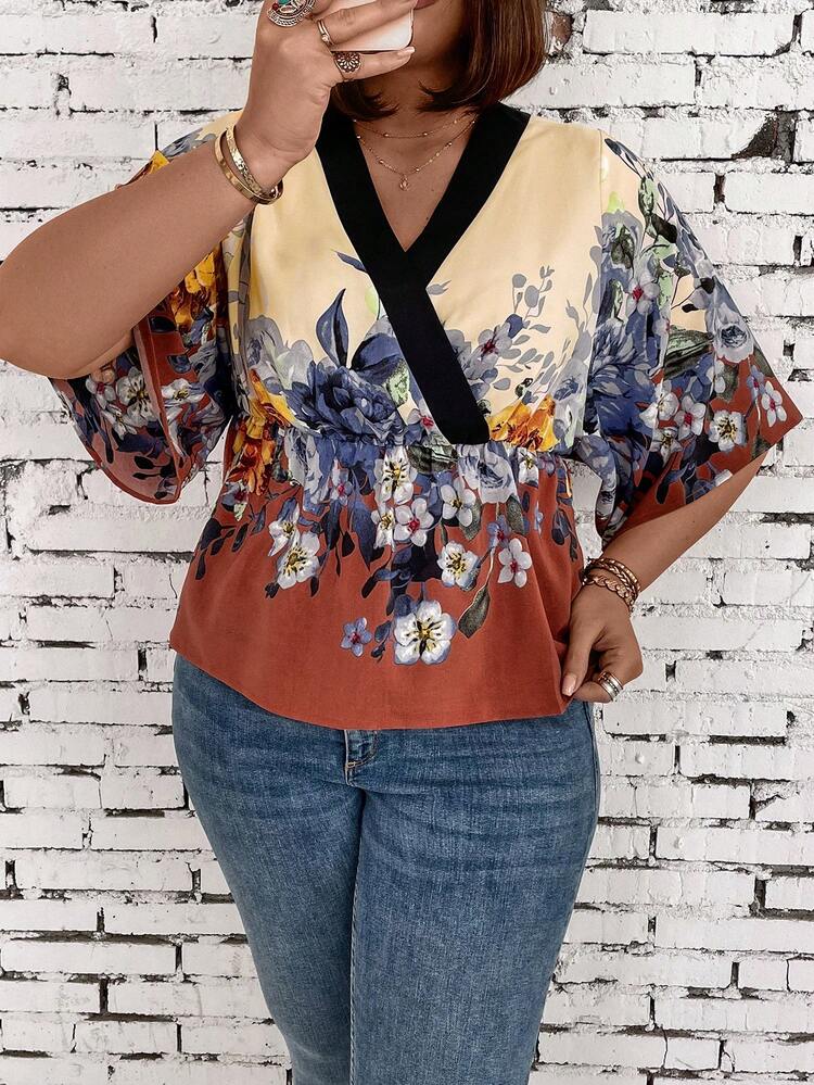 Plus Size Wrap Neck Floral Printed Blouse Peplum Top