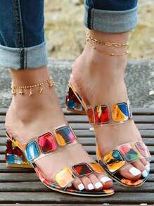 Women's Floral Open Toe High Heel Slippers - Multicolor - View 3