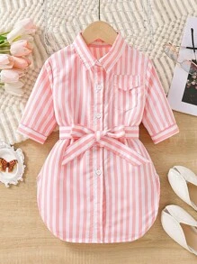 SHEIN Young Girl Striped Print Flap Pocket Belted Shirt - Multicolor - View 1