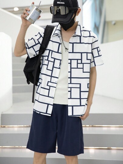 Teen Boys' Geometric Printed Short Sleeve Shirt And Shorts Set