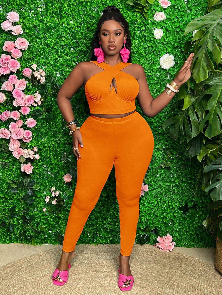 Slaydiva Plus Size Women's Summer Crossed Hollow Out Crop Top And Pants Set In Solid Color - Orange - View 1
