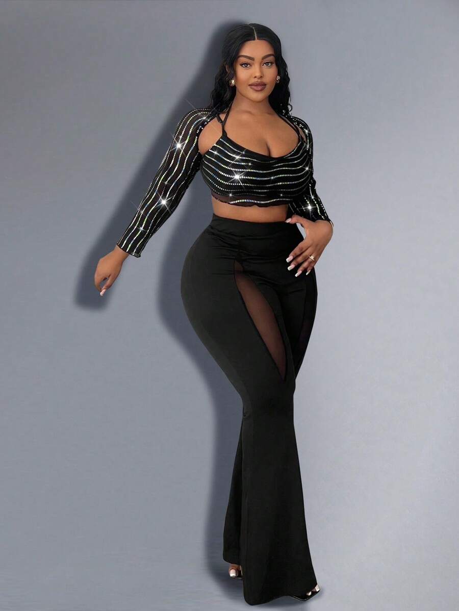 Maweii Tamaño Grande Top Corto De Manga Larga Con Lentejuelas De Malla Y Cuello Halter Para Mujeres - Negro - Ver 1